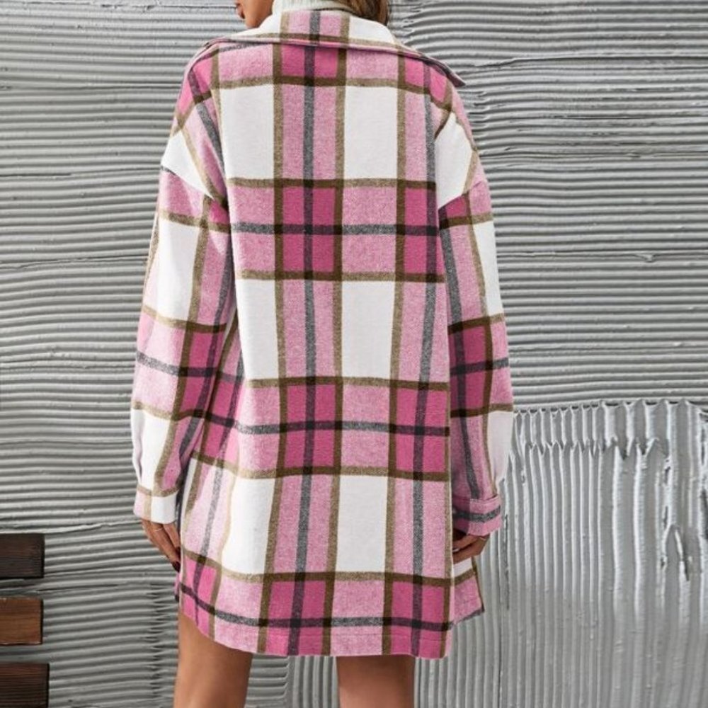 2 piece set Plaid Print Button Front Overcoat & Skirt Pink - Picture 5 of 5